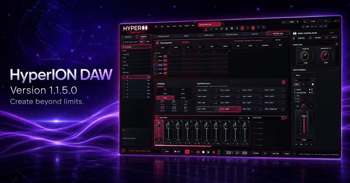 HyperION DAW 1.1.5.0 development update social card with a current application view