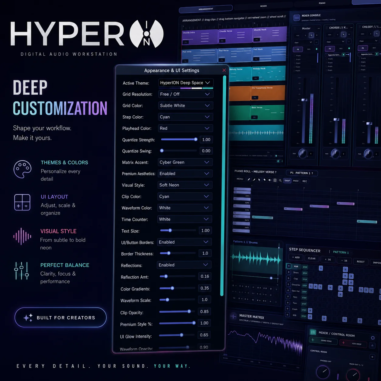 Editorial illustration: HyperION DAW interface customization workspace