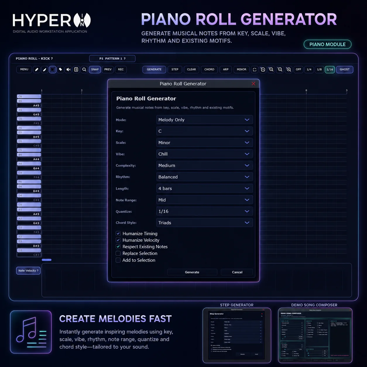 HyperION DAW MIDI generator workspace; editorial image for Lancement d’un nouveau label d’identification des artistes générés par l’IA sur Spotify