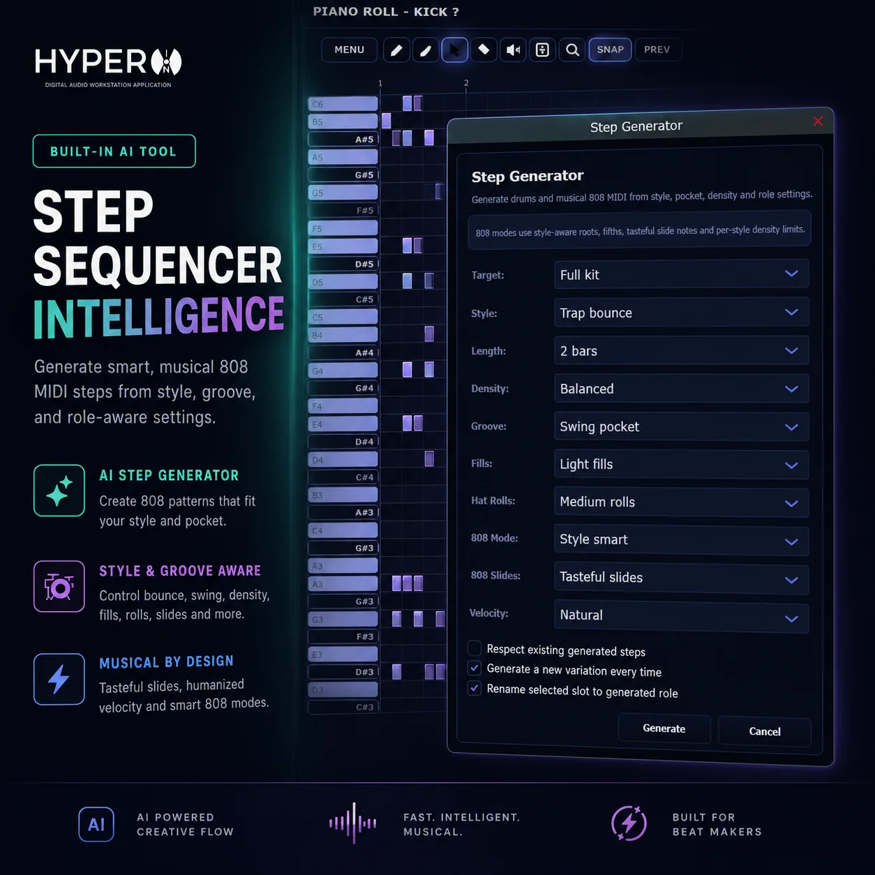 HyperION DAW step sequencer generator; editorial image for Apple Music to introduce labels for AI-generated music