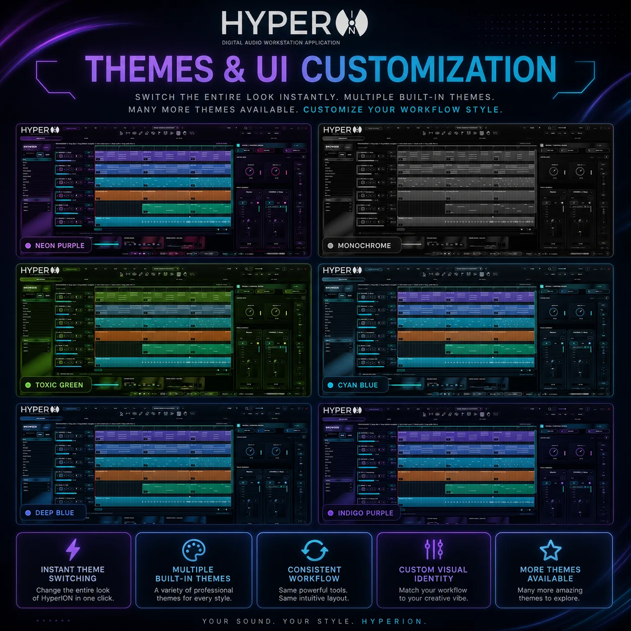 HyperION DAW themes and interface overview; editorial image for Yamaha Creator Pass Review: A Subscription Built For The Budding Bedroom Producer: producer context