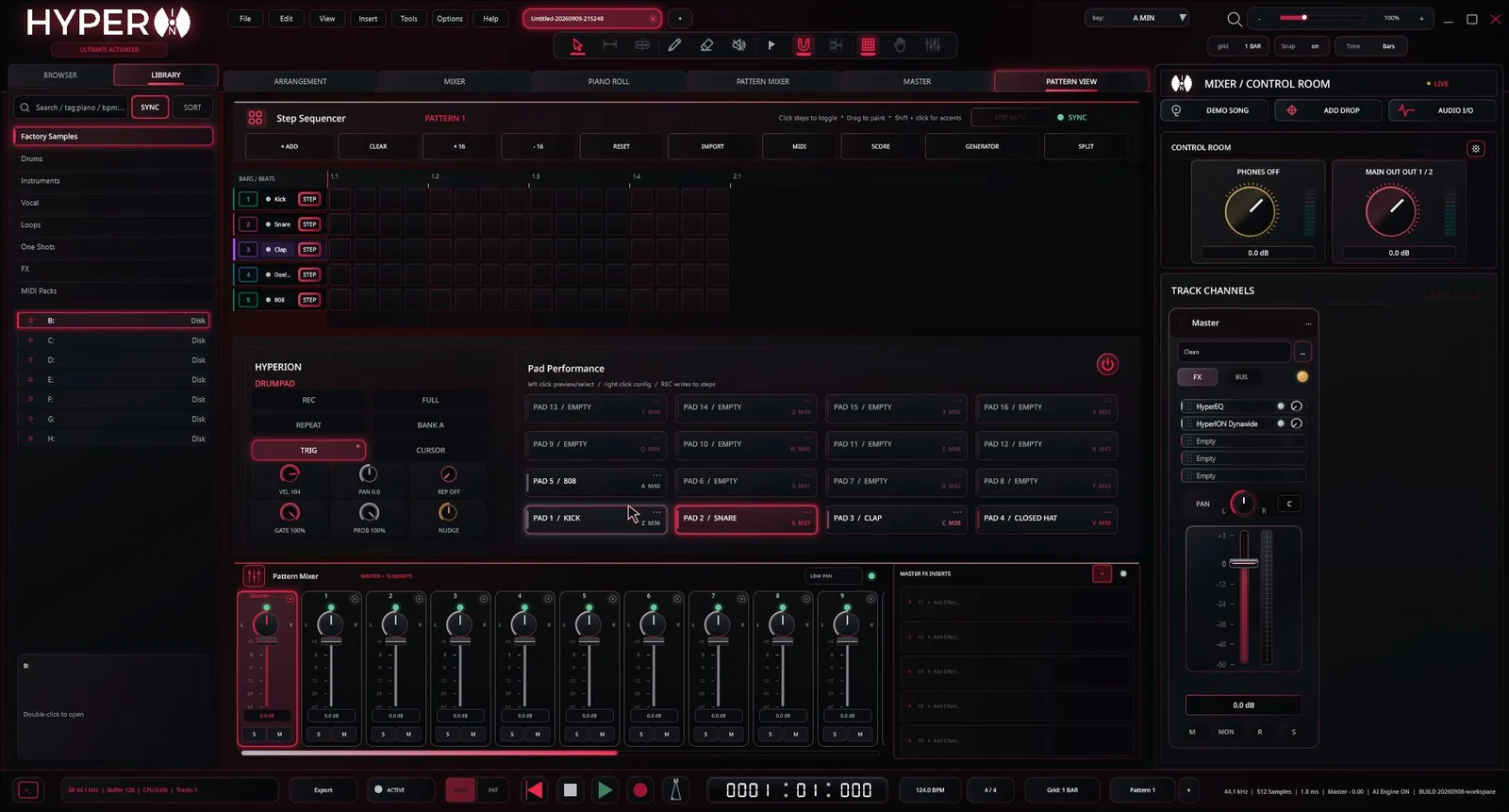 Current HyperION DAW 1.1.5.0 Pattern View showing the step sequencer, pad performance, Pattern Mixer, and control room